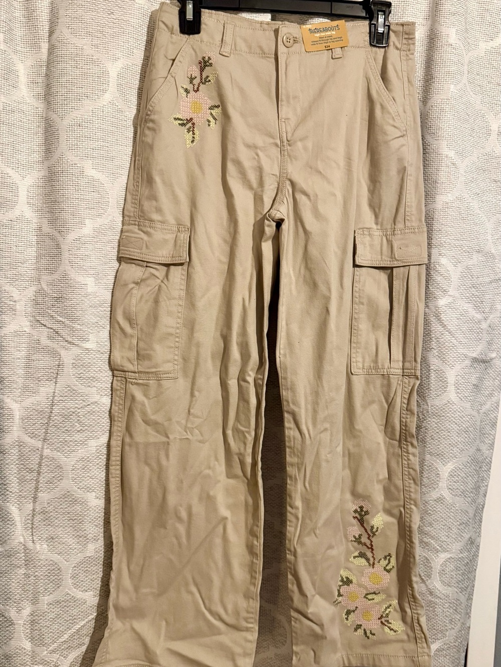 Cherokee Girls' Beige Cargo Pants with Embroidered Floral Detail